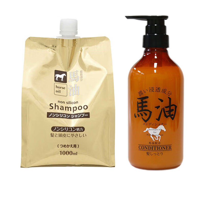 熊野油脂（kumano）熊野馬油洗發(fā)水 男女通用無(wú)硅油弱酸性洗發(fā)水日本進(jìn)口 洗發(fā)替換裝1000ml+宇津木護(hù)發(fā)素