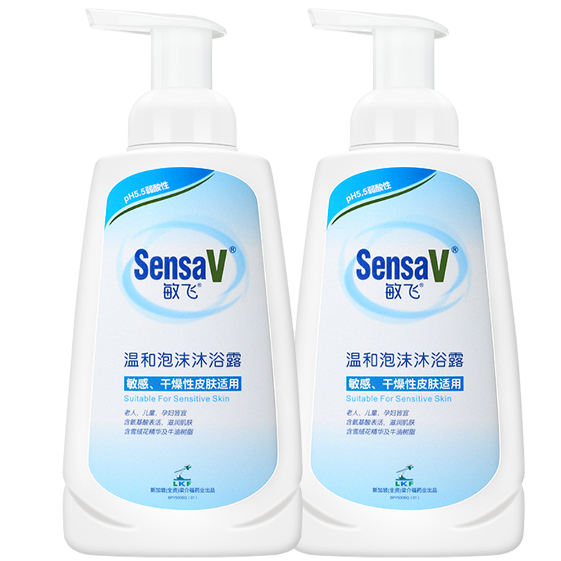 敏飛（SensaV）溫和凈潔泡沫沐浴露面部及身體適用弱酸性沐浴乳保濕滋潤舒緩敏感 泡沫沐浴露500ml*2