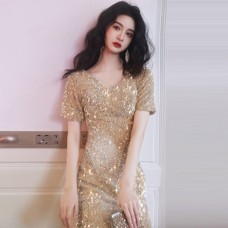 晚礼服女2022新款高端气质显瘦气场女王亮片晚礼服女短款小个子轻奢