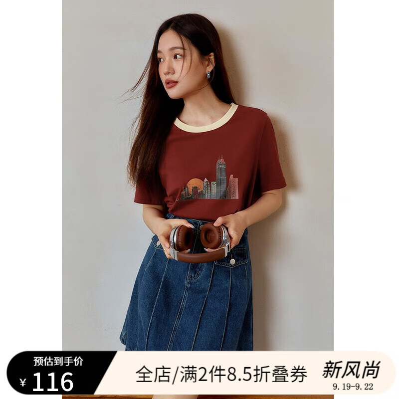 独束大码女装美式复古怀旧风城市印花T恤女夏季微胖mm显瘦圆领上衣 落霞红 L怎么样,好用不?