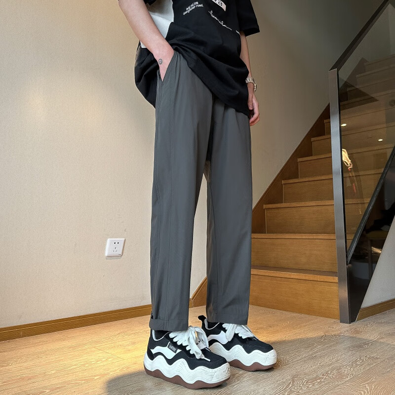 简霏纯色夏季冰丝男休闲裤薄款宽松直筒阔腿垂感西裤潮 墨绿灰 m