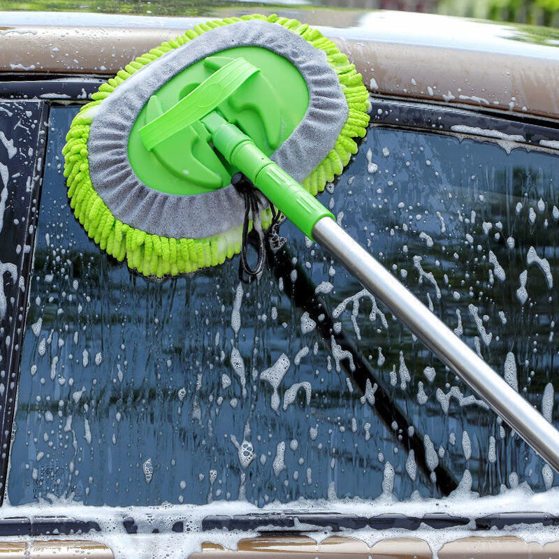EJEK汽车雪尼尔双节式伸缩洗车拖把 车载洗刷子软毛清洗擦车冼车工具 绿色（180°转头）三节铝合金款