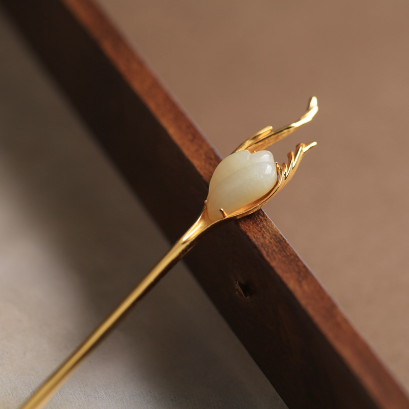 玉簪 金钗头i银发簪古风高级感和i田玉兰花玉簪女头饰金发钗sn0969