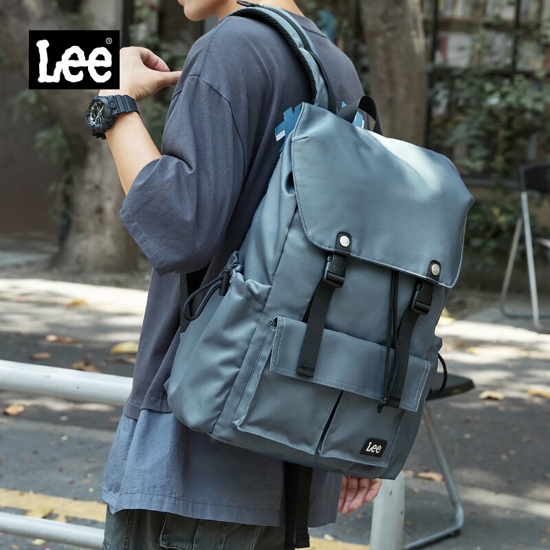 Lee双肩包男户外潮流书包女大学生旅游包大容量背包轻便登山包灰蓝色