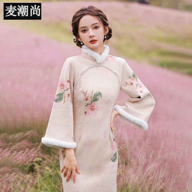 麦潮尚旗袍复古高贵中国风冬季旗袍2023年秋冬新款加绒加厚长袖倒大袖高 淡粉色长袖:加绒加厚 S高性价比高么？