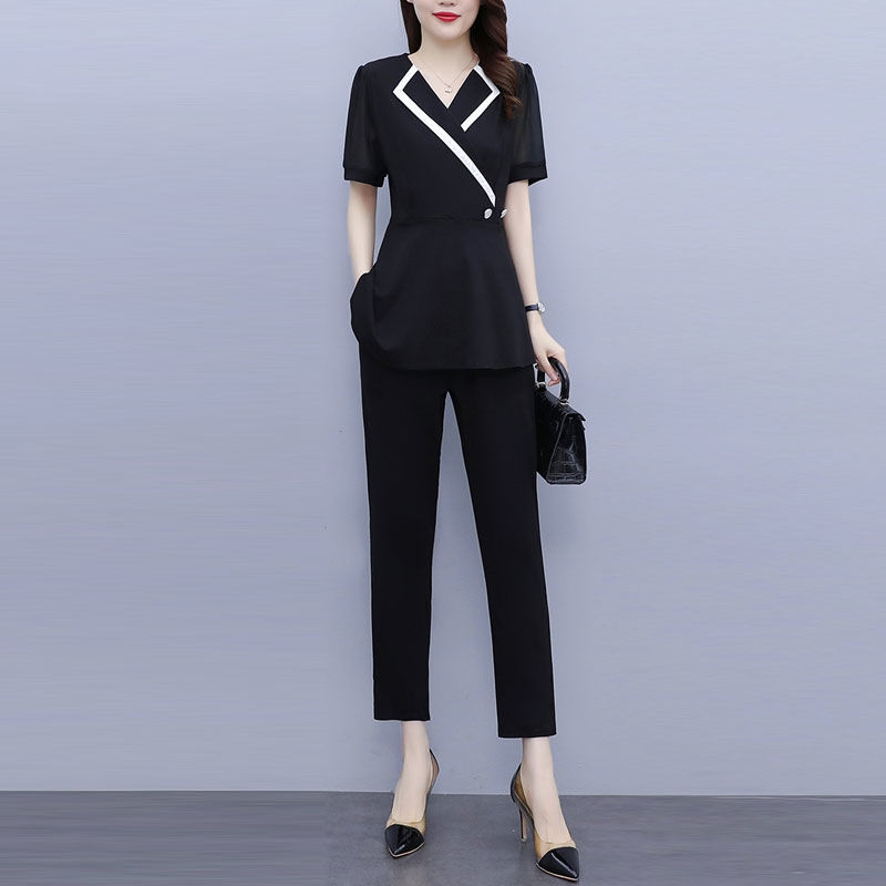 女肥胖夏天衣服上身胖的女人套装胖女人时尚气质遮肚显瘦套装大码女装