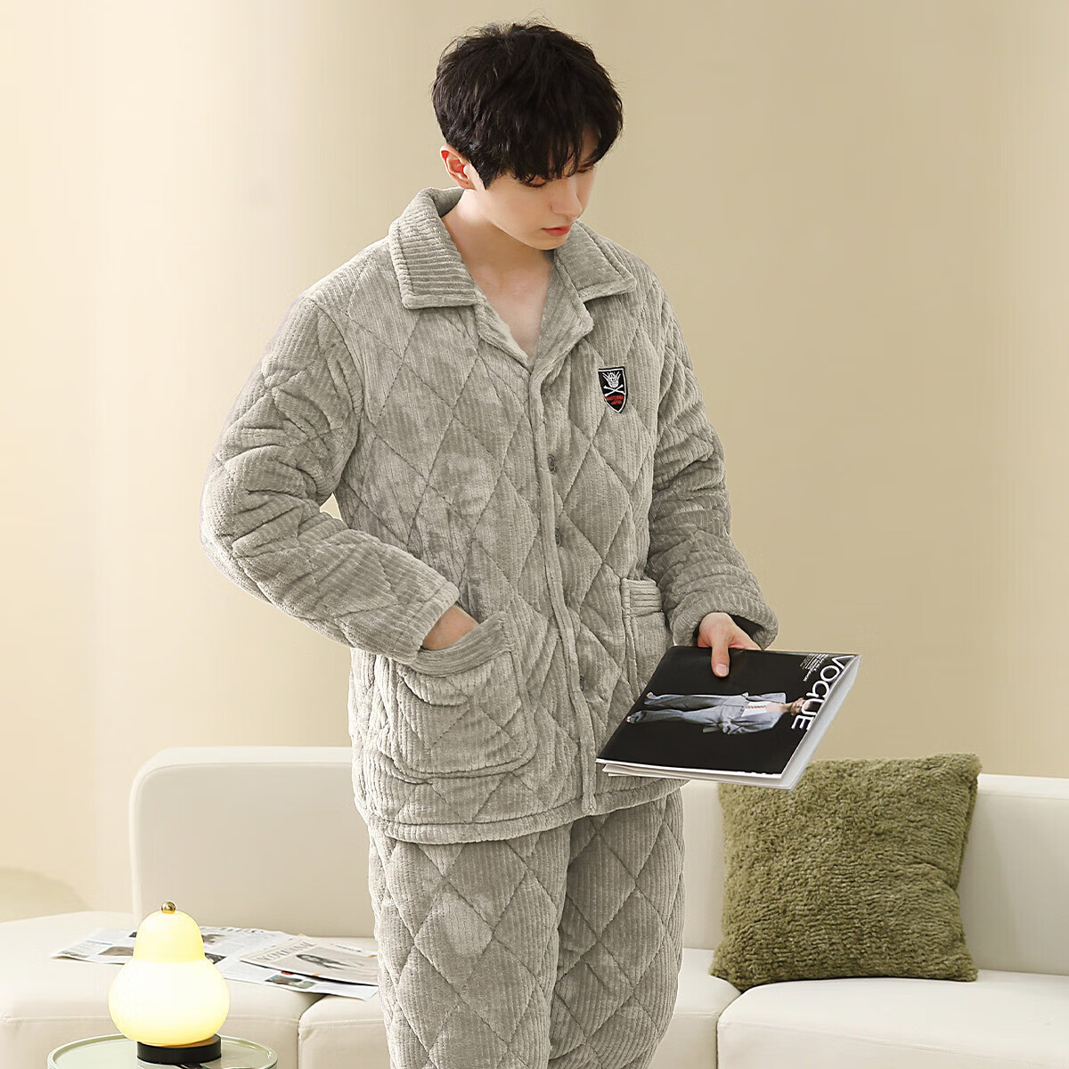 香蜜闺秀【三层夹棉加厚】男士睡衣秋冬新款长袖可外穿保暖男士家居服套装 卡其 XL