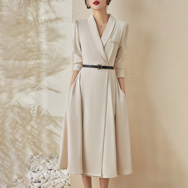 通勤简约优雅立裁收腰显瘦青果领西装连衣裙新款 奶杏色 s