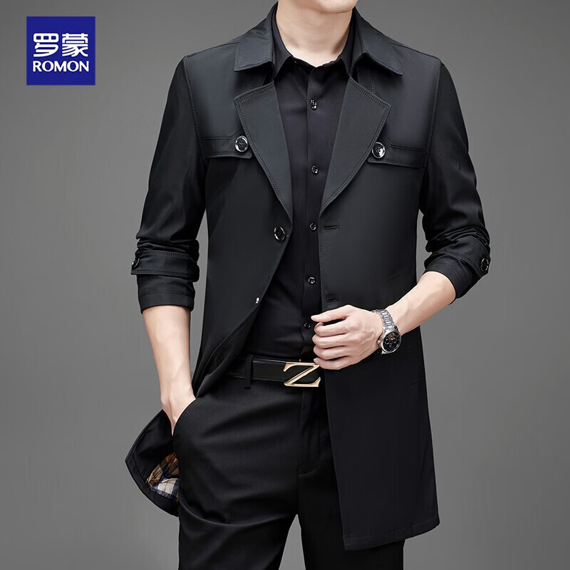 罗蒙风衣男秋季商务休闲中长款外套时尚大码春秋款韩版大衣纯色修身