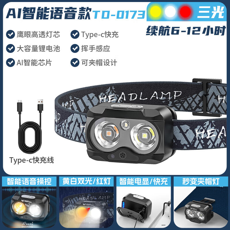 RASW德國礦工頭燈超長續(xù)航24新款強(qiáng)光充電超亮戶外感應(yīng)頭戴式專用帽燈 智能語音升級(jí)款雙電+智能電顯