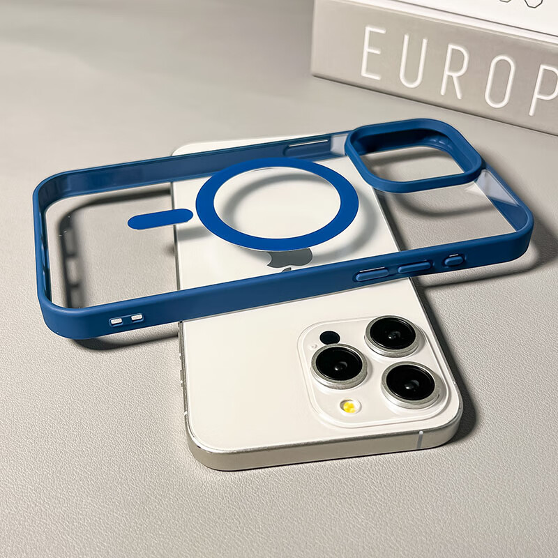 权速适用苹果手机iPhone15新款手机壳磁吸无线充电iPhone14透明大孔简约高级感硅胶软壳全包防摔保护套 蓝色【磁吸硬壳/软边框】 iPhone15Pro