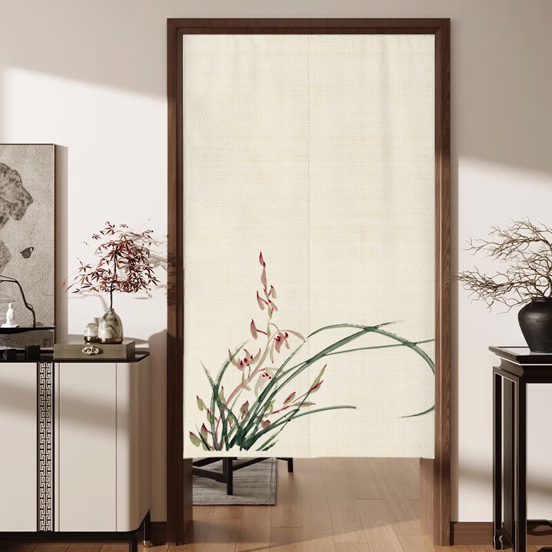 乐吉猫中式复古门帘隔断帘免打孔厨房布帘入户半帘短卧室家用卫生间帘子 国画10 宽65-高90cm
