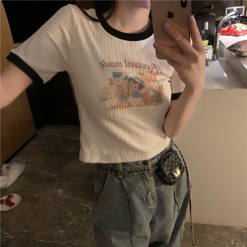 AEMAPE夏季甜辣法式杏色纯棉质感短袖恤女高级感拼接正肩撞色辣妹上衣 杏色 M