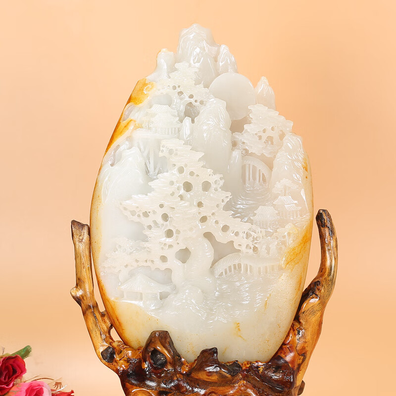 【珠宝严选】苏州玉雕艺术家王磊作品 和田籽料羊脂玉风景山水摆件