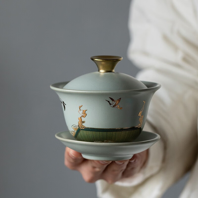 京峰阁 功夫茶具套装 茶壶汝窑瑞鹤呈祥盖碗茶杯可开片高档轻奢家用送礼 瑞鹤呈祥贵妃壶套装 6人饮 11件