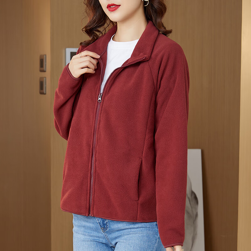 枣红色摇粒绒外套女秋冬运动休闲中年妈妈抓绒衣开衫拉链加绒卫衣 酒