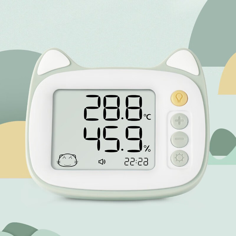 美德时（Anymetre）家用室内高精度电子温湿度计JR593干湿室温计精准带时钟农历 顺丰 JR936卡通猫-绿色