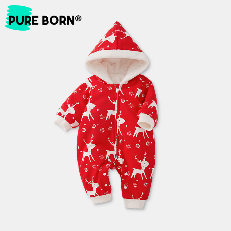 博睿恩新生嬰兒爬服冬季唐裝男女寶寶過年衣服夾棉保暖紅色拜年連體衣 麋鹿紅-帶帽 73cm