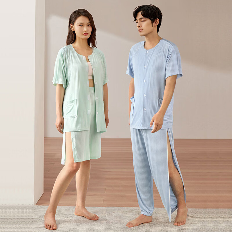 金闌亭易穿脫護理服夏季薄睡衣骨折康復術后病人衣服癱瘓臥床老人病號服 藍色短袖（粘貼） L