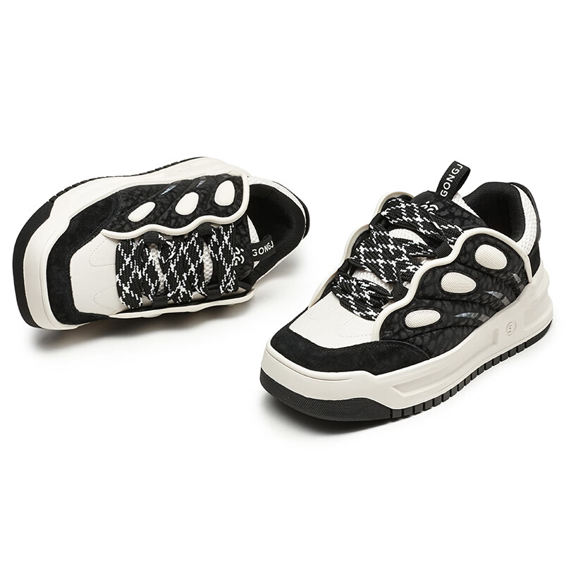 共迹gongji 2025秋季新款福蝶面包鞋方头板鞋厚底增高运动鞋轻便休闲鞋女鞋 黑色-夜迷蛱蝶 35 (225mm)