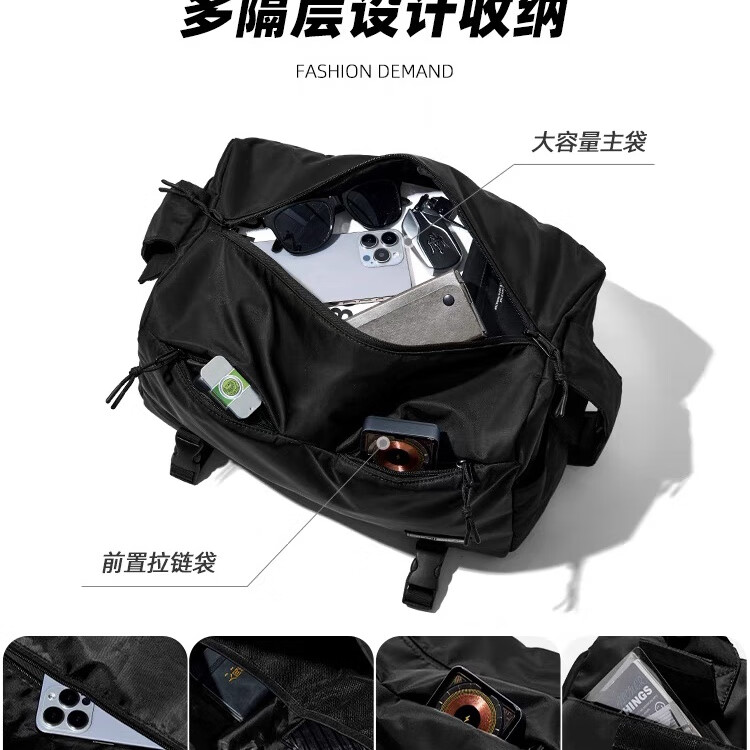 日系大容量斜挎包男运动健身包潮工装机能邮差包单肩背包 黑色大号