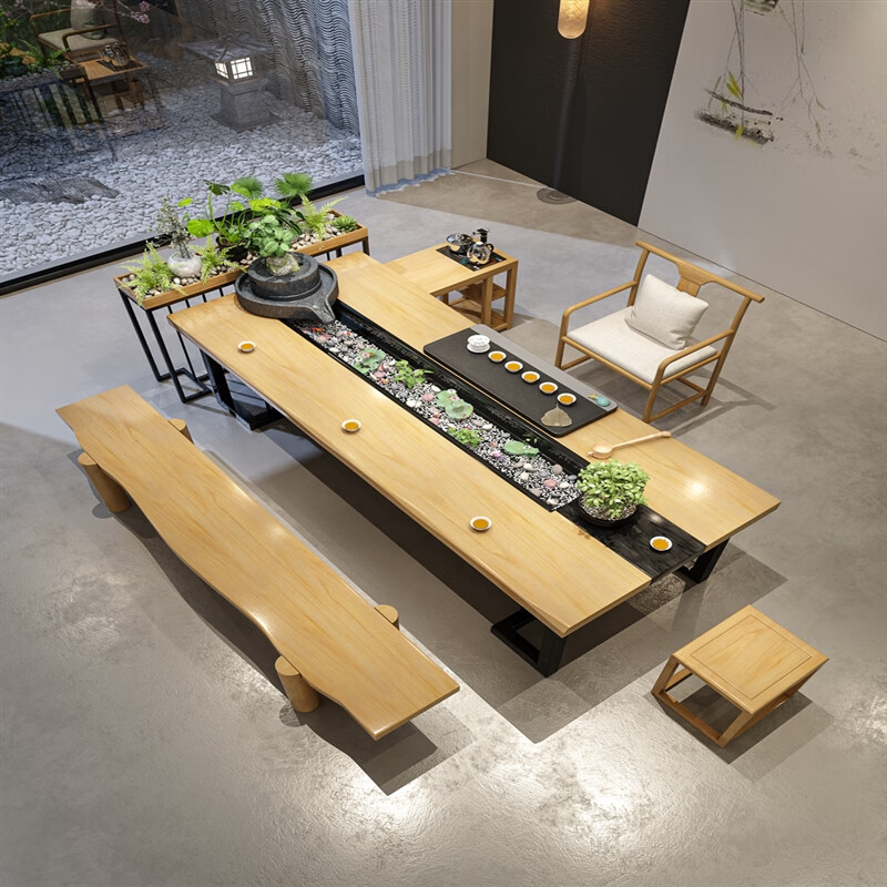 澳颜莱 曲水流觞茶桌 流水茶桌养鱼茶台景观一体实木河流桌民宿酒店