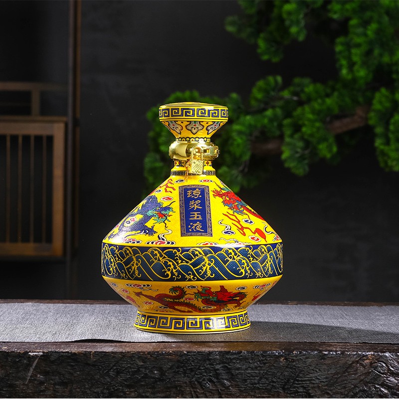 彩黄色宫廷风陶瓷空酒瓶散装白酒罐子家用密封创意酒坛 5斤琼浆玉液