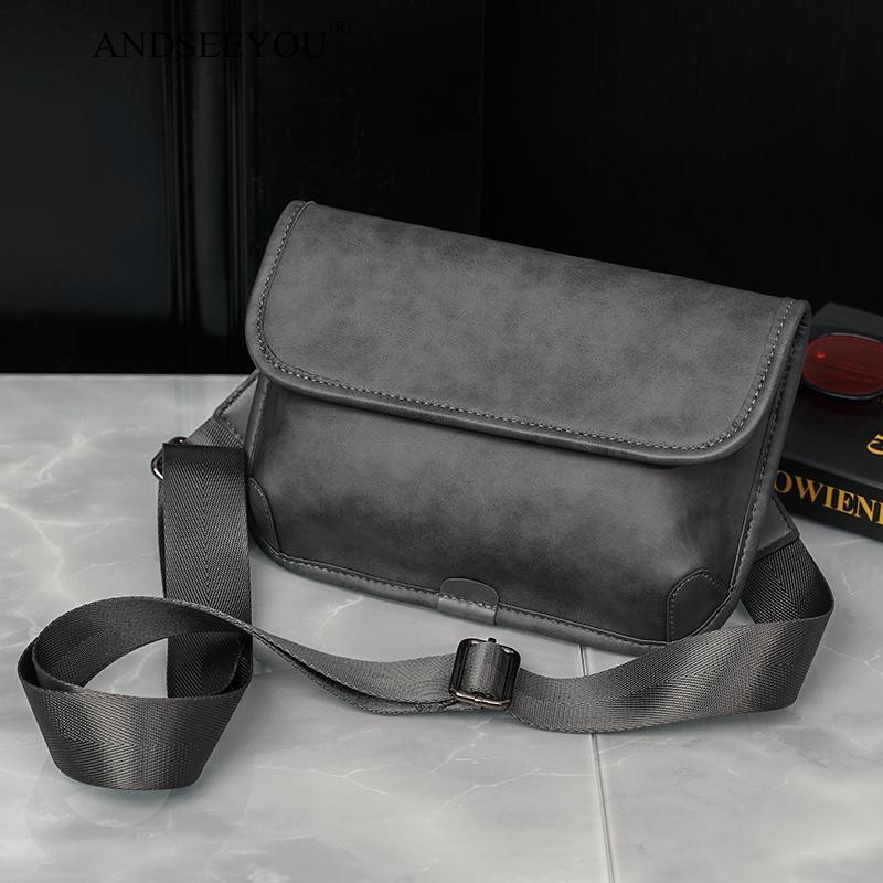 男士单肩包 潮背包男复古简约单肩包包时尚男士小方包胸包 灰色