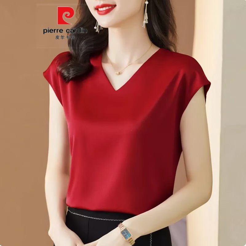 cardin)杭州真丝上衣短袖女夏季新款洋气纯色气质v领显瘦桑蚕丝t恤衫