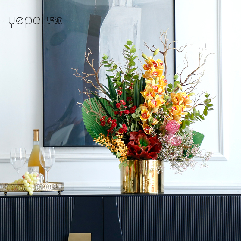野派（yepai） 假花仿真花客廳擺件茶幾電視柜玄關(guān)擺件輕奢風(fēng)花藝酒店餐廳餐桌裝飾品商場(chǎng)櫥窗插花擺設(shè) E款花藝套裝（三面型）