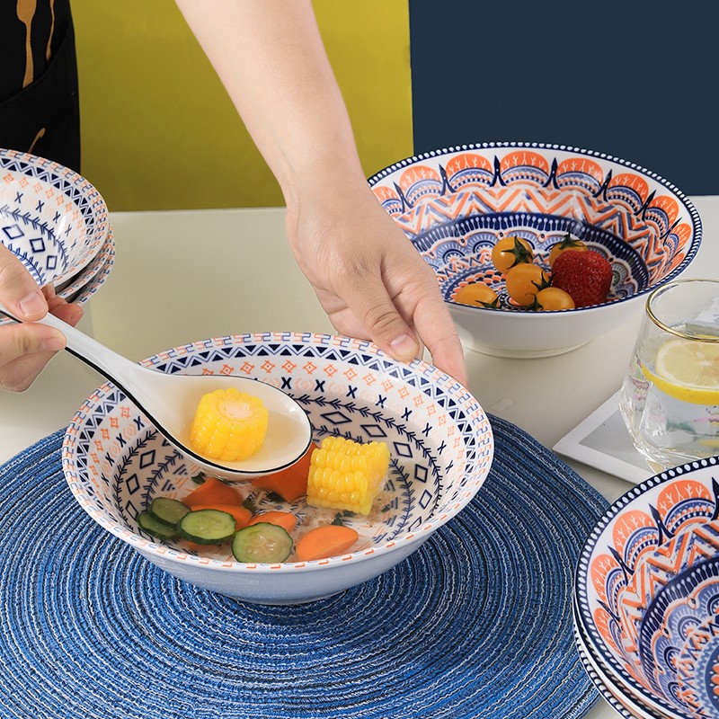 萌物坊 波西米亚简约创意加厚8寸大号汤碗深汤盘餐具斗笠面碗 图案混装 4个装