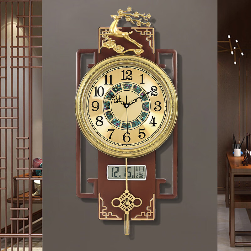 凯诺时新中式挂钟万年历客厅家用时钟复古挂墙石英钟表 木棕-2电波款