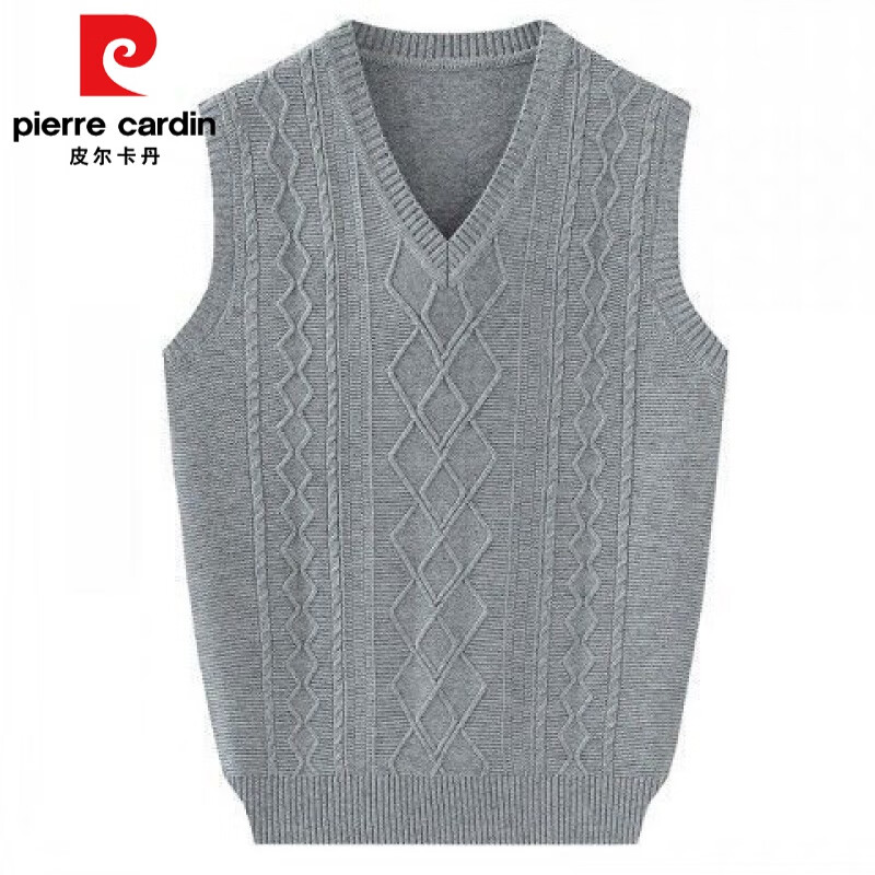 皮尔卡丹毛线背心羊毛中老年男V领加厚保暖秋冬季爸爸装针织毛衣马甲马夹 浅灰色 2XL 185码(160-180斤)
