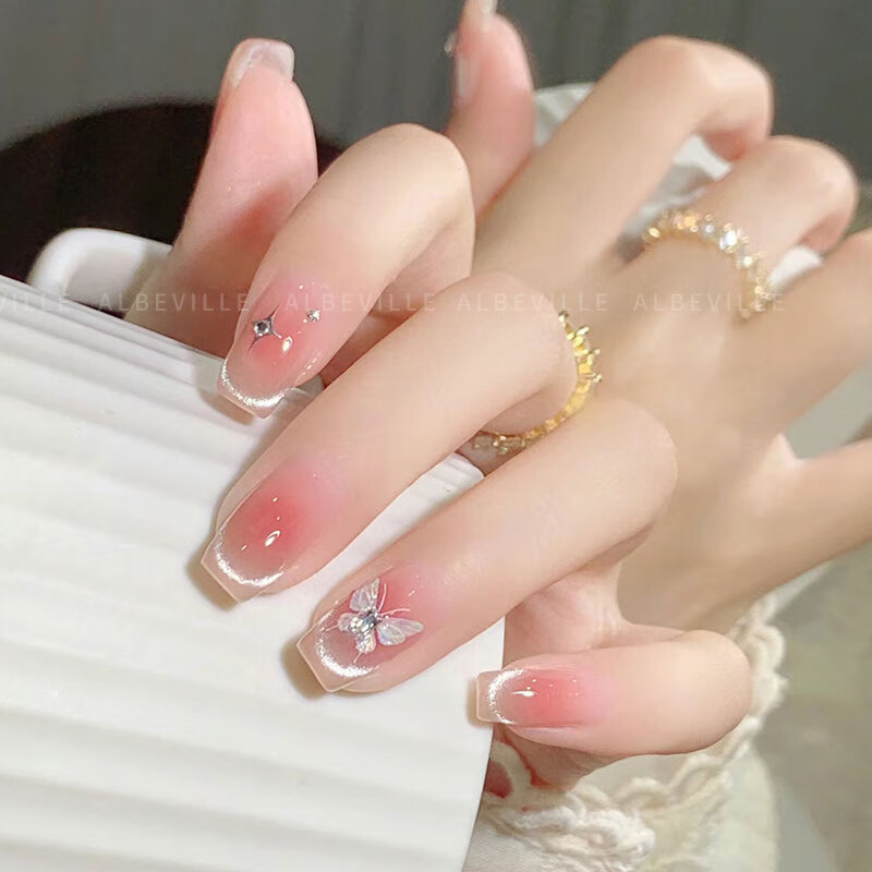 Albeville手工穿戴甲中长款法式腮红微笑猫眼成品美甲绝美指甲贴片2025新款 腮红晶钻蝶舞 1件 中长芭蕾XS码