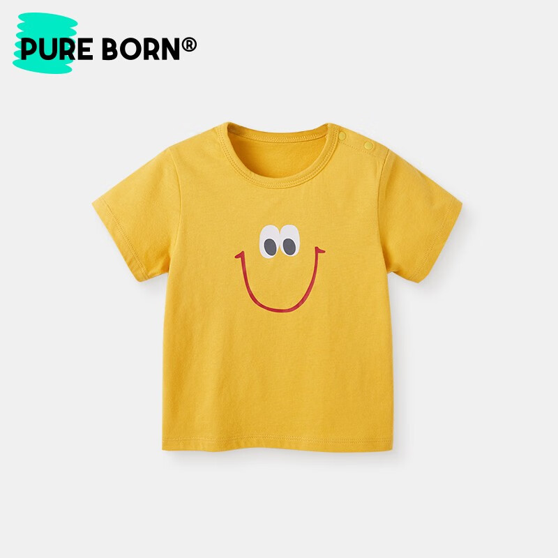 新款婴幼儿童t恤纯棉透气短袖上衣休闲百搭衣服 芥黄 110cm(无肩开扣)
