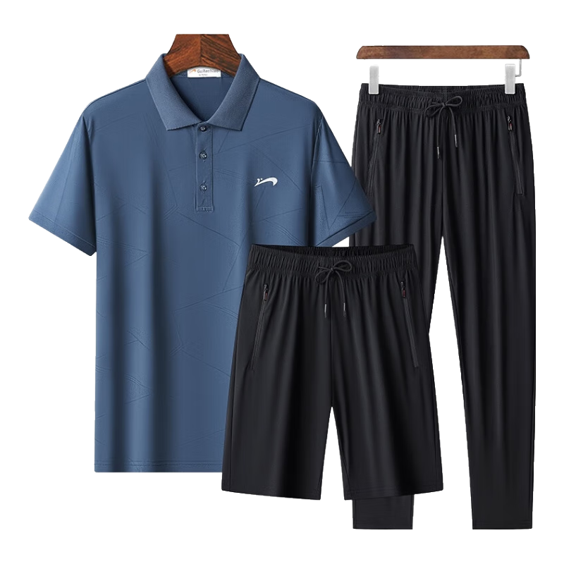 貴人鳥爸爸夏季套裝男父親節(jié)禮物冰絲POLO衫 霧霾藍(lán)【三件套】 3XL 