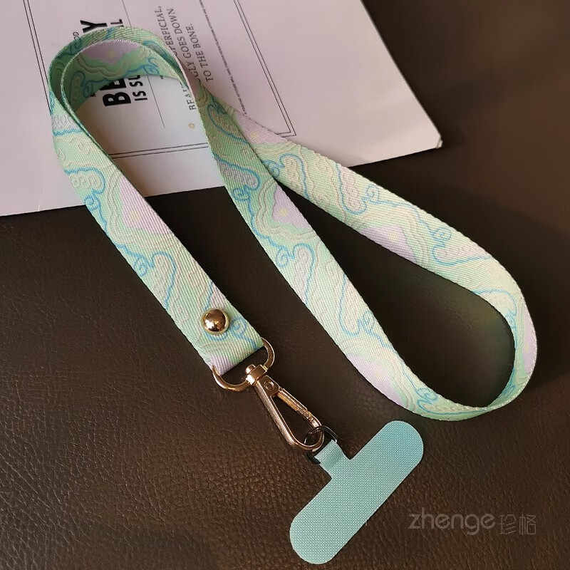 珍格手機(jī)掛繩富貴祥云國(guó)風(fēng)寬版掛脖繩不勒脖子結(jié)實(shí)耐用戶外手機(jī)繩工牌鑰匙學(xué)生證件掛繩 掛脖款【綠-富貴祥云】彩繪編織掛繩+淺綠卡條