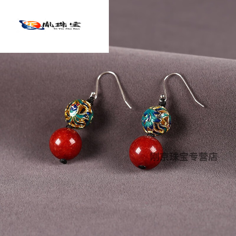 可颖古风景泰蓝耳环 红色耳饰 中式国风配旗袍新娘银耳坠耳夹套装女