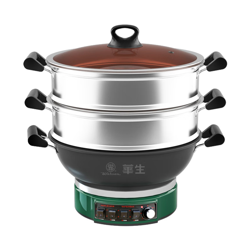 华生定时大功率2800W 电炒锅 电锅 家用多功能炒菜锅 电热锅 蒸煮一体电炒锅 铸铁锅 电火锅 蒸包子锅 【2800W定时款】38cm双笼