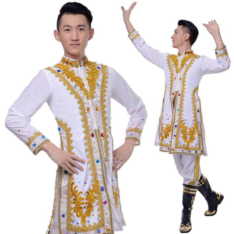 新疆维吾尔族民族舞服装男士演出服新款印度舞蹈维族白色少数民族跳舞衣服 白色 175CM