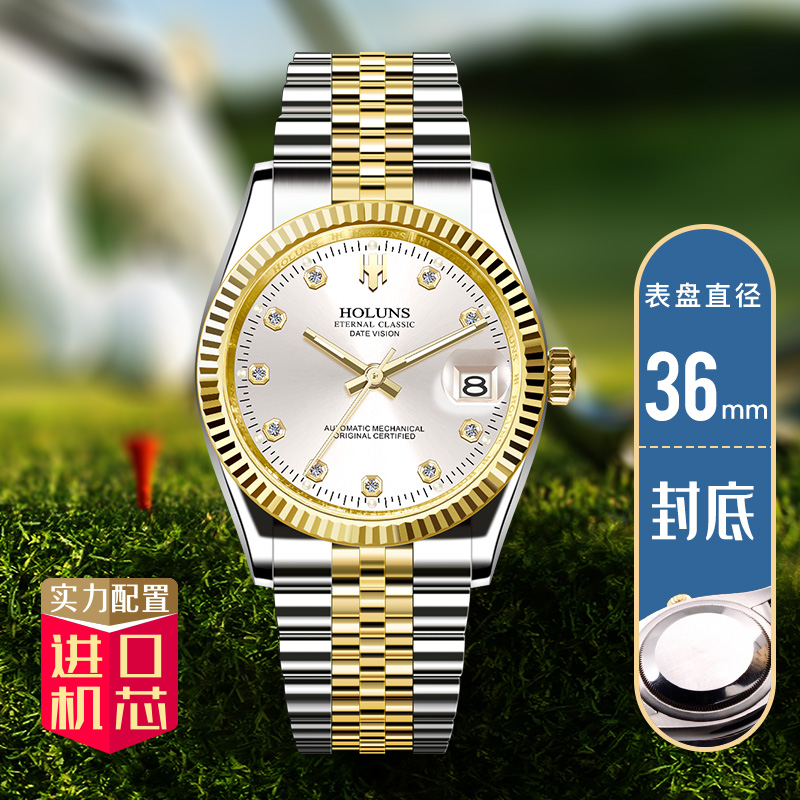 豪伦诗(holuns)holuns男士全自动机械手表透底商务男 r002银面间金