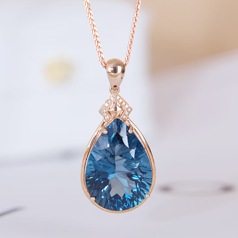 时尚轻奢蓝色宝石锁骨链水滴吊坠 送女友 蓝色 18k金托帕石水滴项链