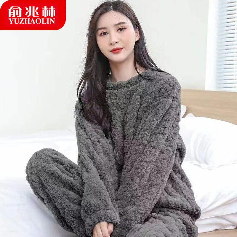 俞兆林珊瑚绒睡衣女秋冬季加绒加厚超厚绒冬天家居服暖暖两件套装可外穿 麻花睡衣女【紫色】 均码【80-140斤】