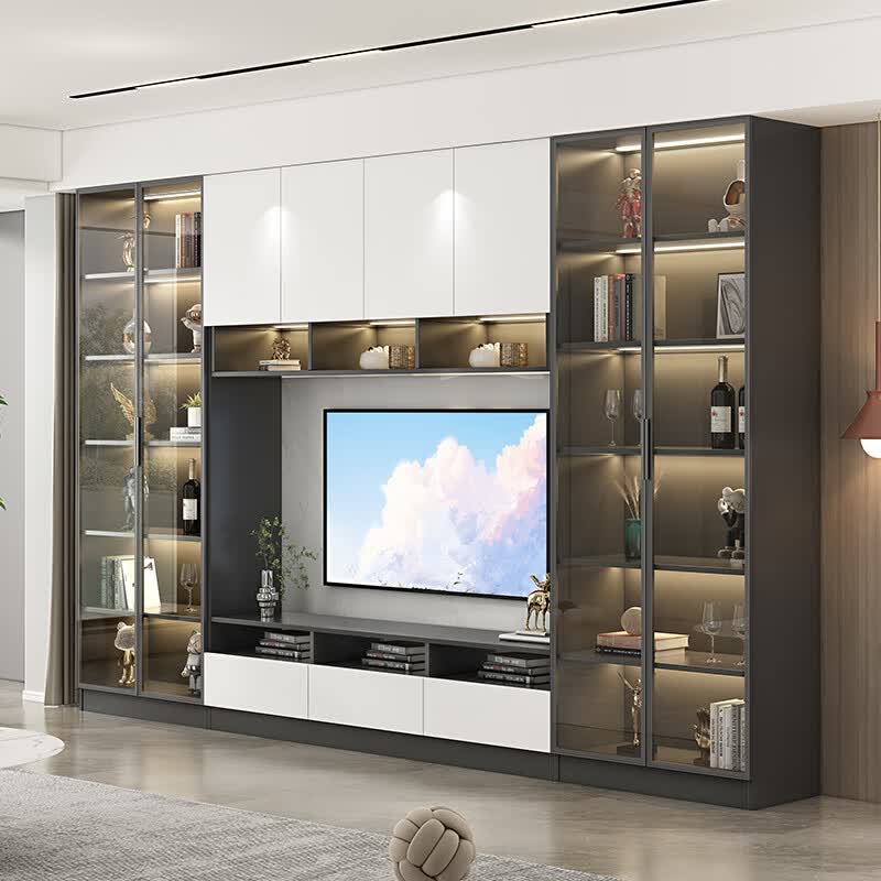 强匠木业家用现代极简风新款客厅多功能电视柜一体靠墙落地背景墙收纳