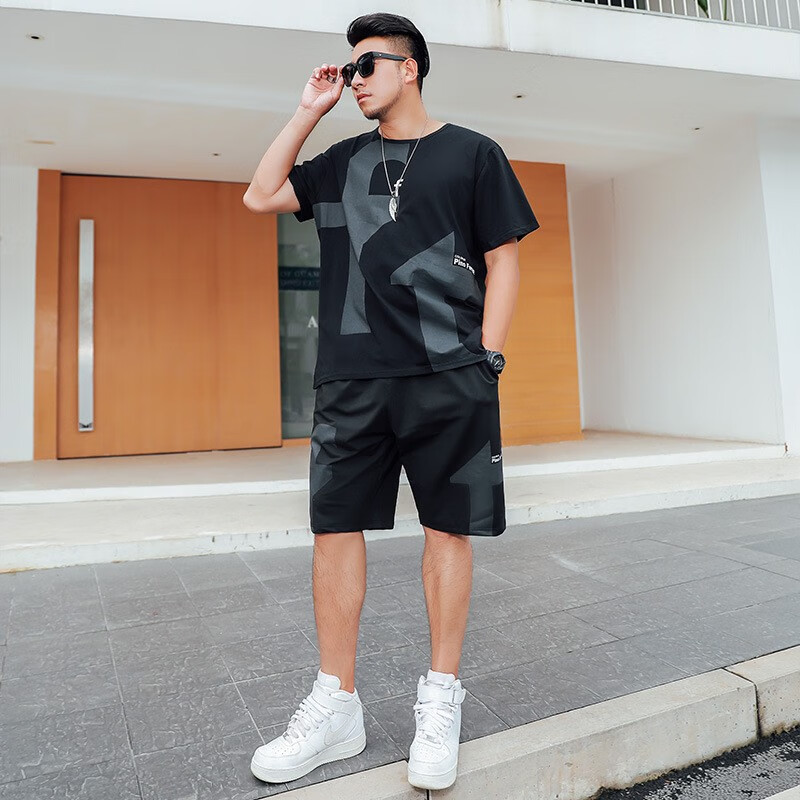 步希凯登胖子穿搭一整套男夏天胖哥哥套装大码夏季短袖短裤搭配加肥