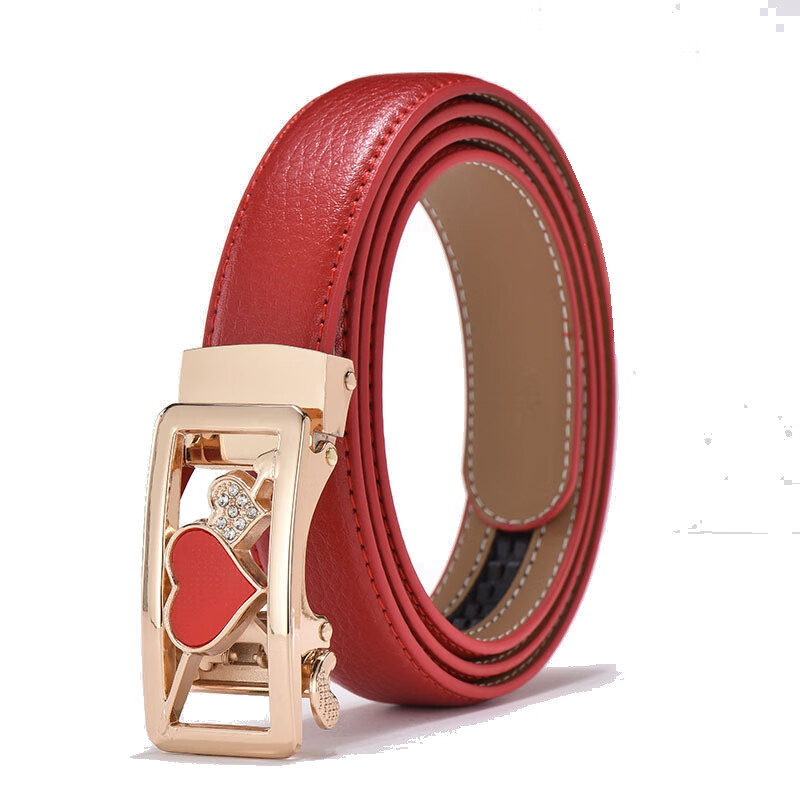 酷奇袋鼠(kuqidaishu)皮带女百搭真皮纯牛皮红色自动扣本命年细腰带