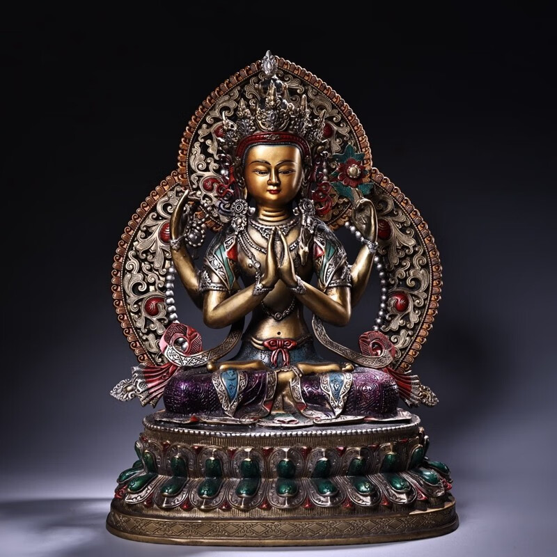 铜人艺巷全铜手工彩绘藏传佛像四臂观音铜像摆件家居佛堂装饰供奉