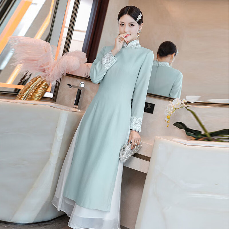 勤度茶服女禅服女小个子秋冬风改良奥黛旗袍连衣套裙美容师仙气大码茶 【套装】浅蓝上衣+白色裤子 L高性价比高么？