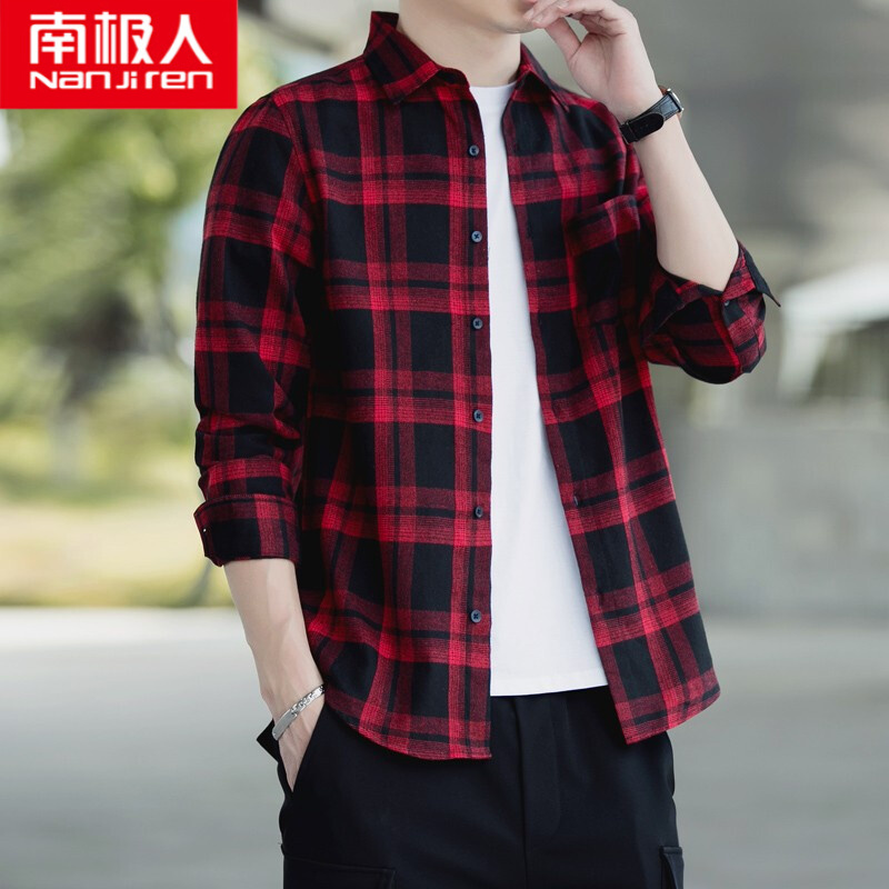 春秋季外套男士休闲上衣服男装青年潮流百搭格子衬衣男  cs1919红黑格