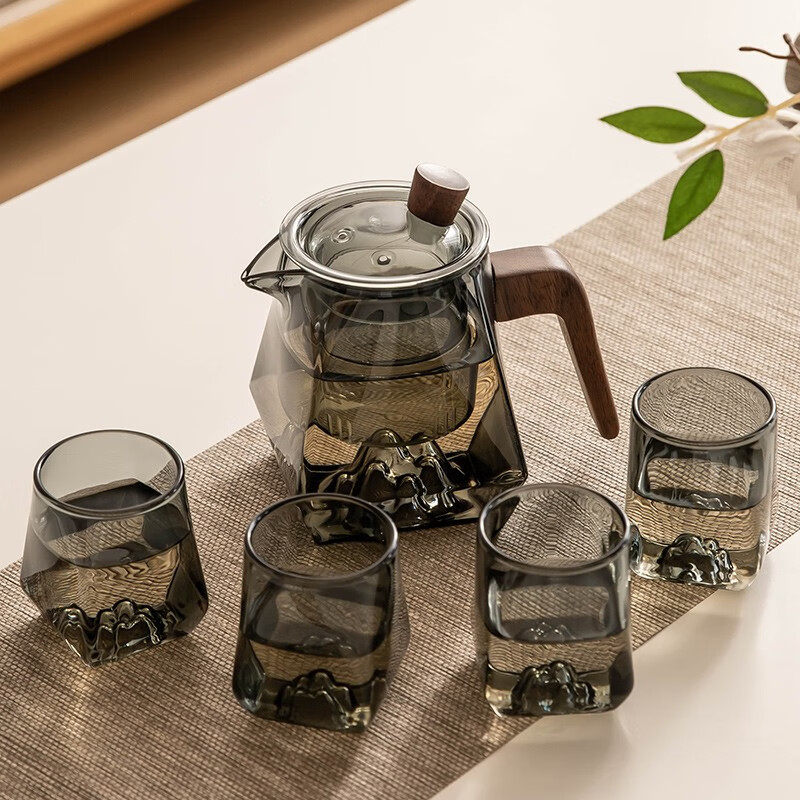 瓷牌茗茶具（cipaiming teaset）觀山壺茶具套裝玻璃茶壺茶杯茶盤整套泡茶器家用簡約 灰蕭墨觀山壺4個四方觀山杯